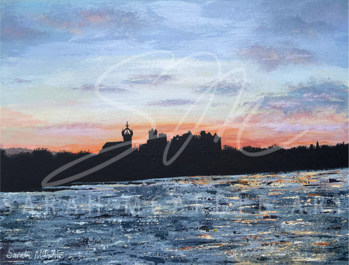 An acrylic painting on canvas of Linlithgow Palace and St Michaels in silhouette in the sunset with Linlithgow Loch in the foreground.