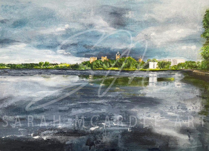 View of Linlithgow Loch, Linlithgow Palace and St Michaels Church. Painting by Sarah McArdle