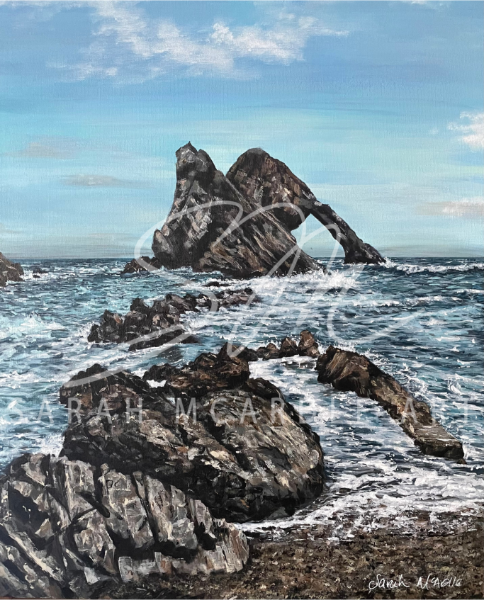 Acrylic painting of Bow Fiddle Rock Portnockie, Morayshire.