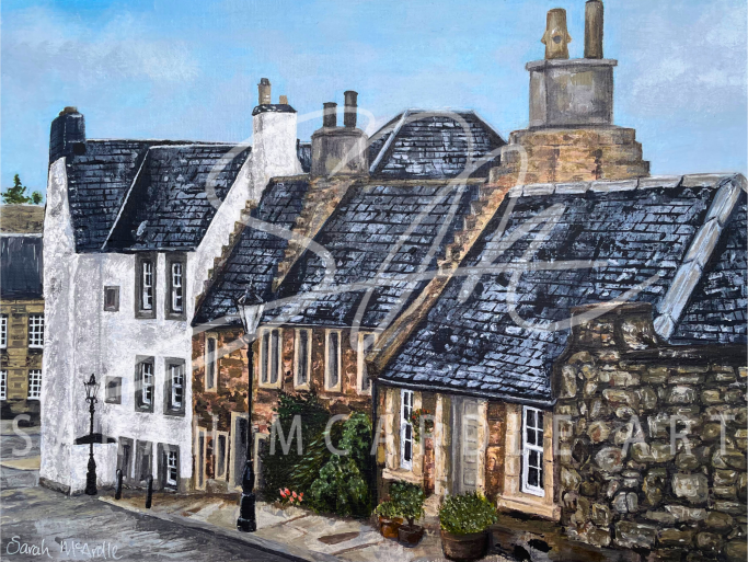Acrylic painting of the cottages on Kirkgate Linlithgow, looking down towards The Cross. Painting by Sarah McArdle