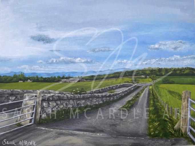 Acrylic painting looking back towards Linlithgow and the Ochil Hills from the path to Hillhouse Wood.