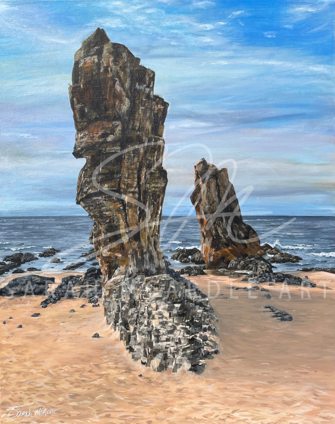 Acrylic painting of two of the three kings (sea stacks) in Cullen, Morayshire. 