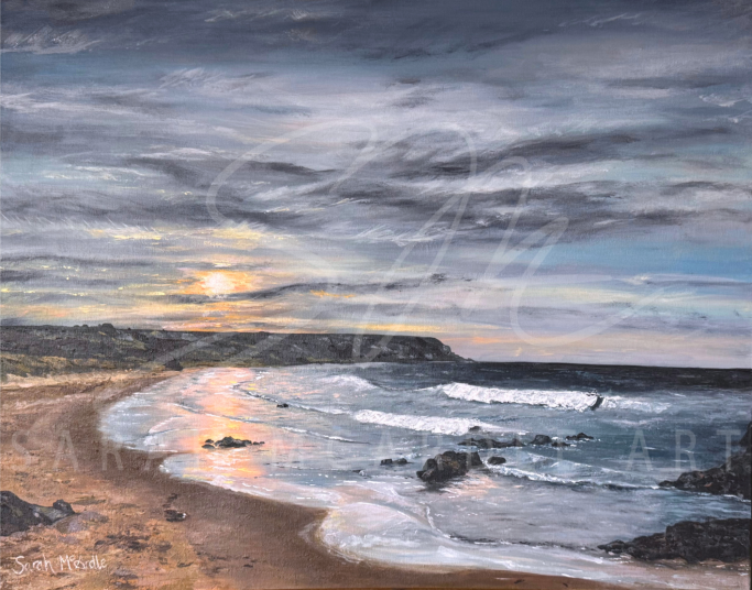 Acrylic Painting of sunset over Cullen Bay beach, Morayshire.