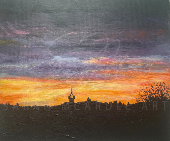 Acrylic painting of sunset over Linlithgow Palace and St Michaels Church.
